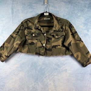 Kreamy Women Camo Cropped Jacket Distressed Raw Hem Military Green Brown S/M